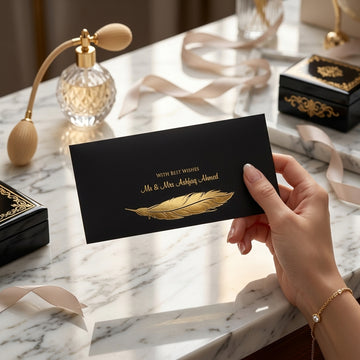 Black Envelope With Golden Foil Feather
